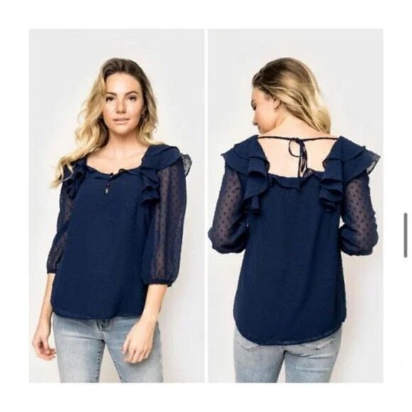 Gibson look 3/4 sleeve navy blue ruffle blouse size medium - Picture 1 of 10